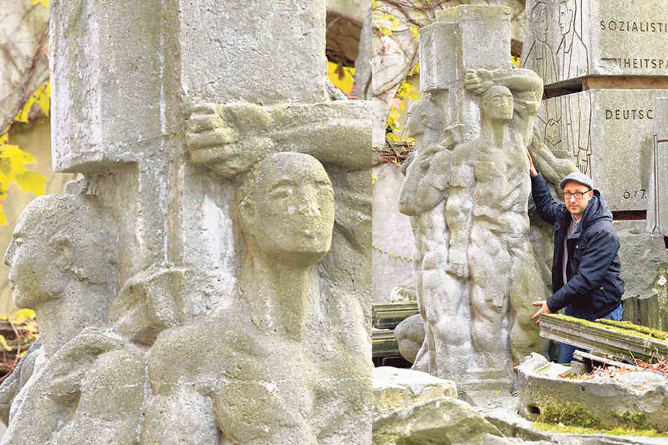 Mathias Körner (40) zeigt die Bauarbeiter-Skulptur, die noch im Lapidarium in der Südvorstadt liegt.