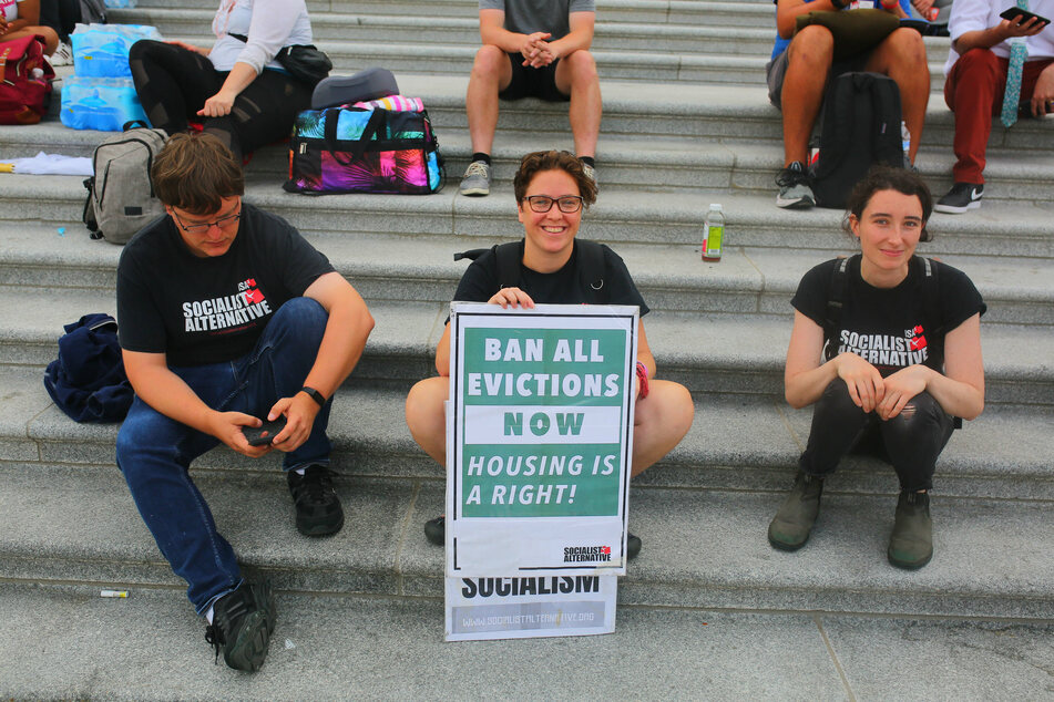 August 2021: Housing advocates gather on the steps of the Capitol to demand the extension of the federal evictions moratorium.