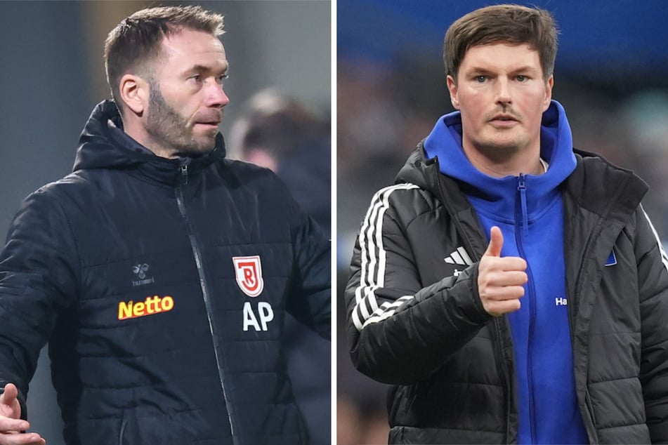 HSV-Coach Merlin Polzin (34, r.) und Jahn-Trainer Andreas Patz (41) haben zusammen den Trainerschein gemacht. Da Patz gesperrt ist, gibt es aber kein Wiedersehen.