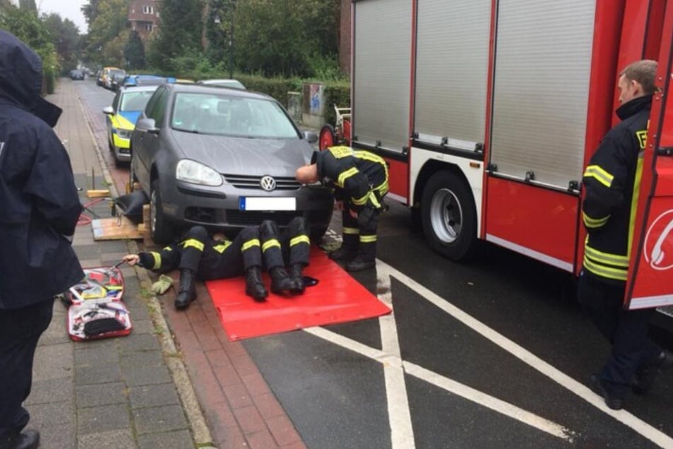 Feuerwehrleute heben den Wagen an, doch von dem Tier fehlt jede Spur.