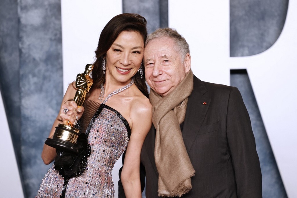 Michelle Yeoh and Jean Todt attend the Vanity Fair 95th Oscars Party at the The Wallis Annenberg Center for the Performing Arts in Beverly Hills, California, on March 12, 2023.