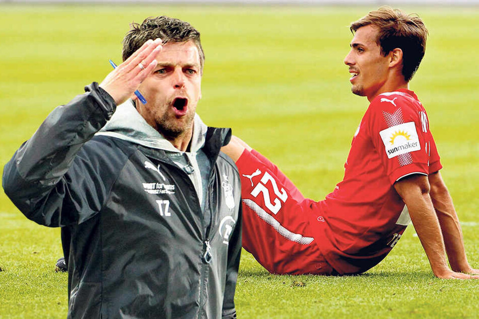 Sinan Terkerci sollte sich gegen Regensburg anbieten - tat er nicht. Nach 45 Minuten war schon wieder Schluss. Trainer Torsten Ziegner (li.) zählte ihn an.