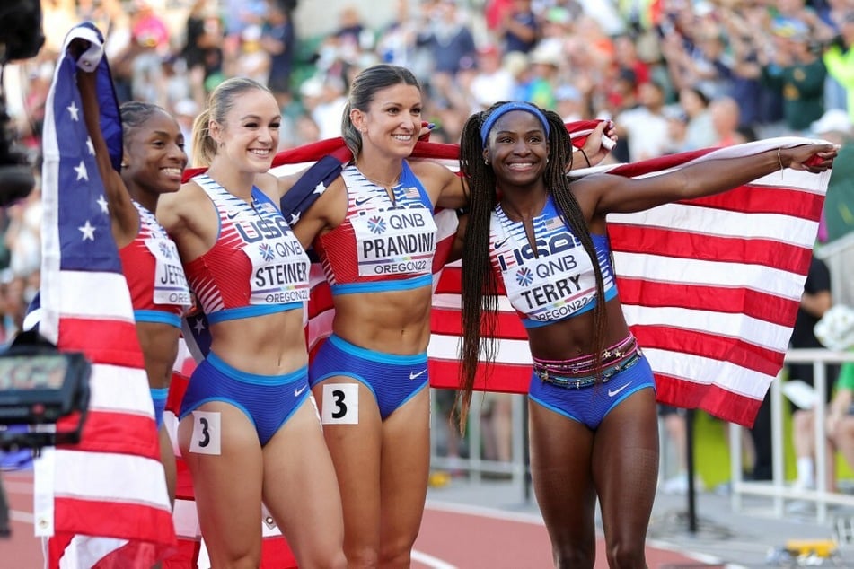 (From l. to r.) Melissa Jefferson, Abby Steiner, Jenna Prandini, and Twanisha Terry of Team United States celebrated winning gold in the Women's 4x100m Relay Final on day nine of the World Athletics Championships in Oregon.