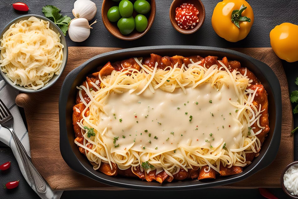 In den Spaghetti-Reste-Auflauf darf hinein, was der Kühlschrank hergibt.