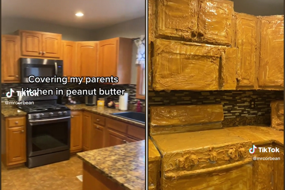 A TikTok user filmed himself covering his parents' entire kitchen in peanut butter.