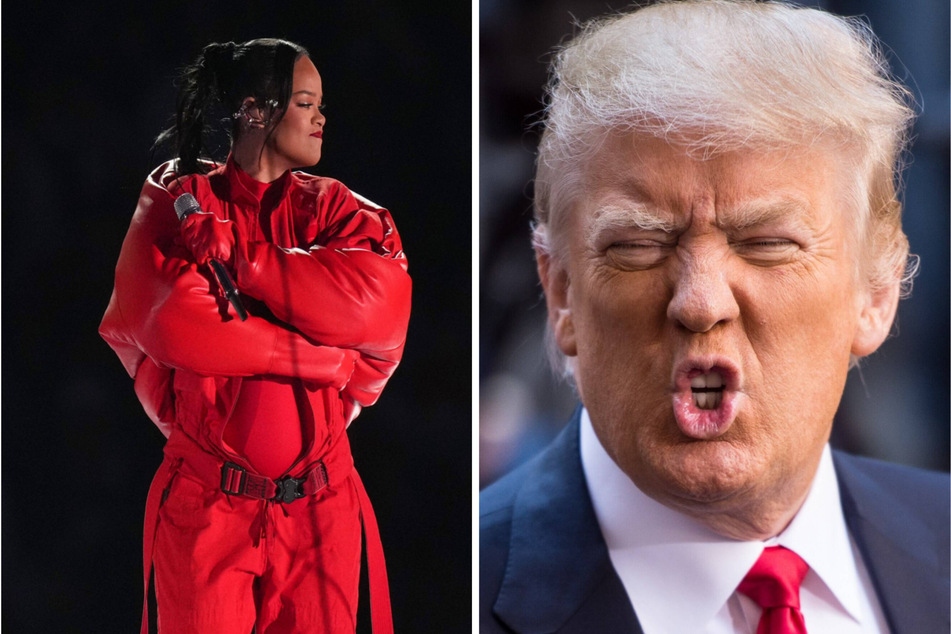 Former president Donald Trump insulted pop star Rihanna's (l.) performance at the 2023 Super Bowl, calling it the "worst" show in its history.