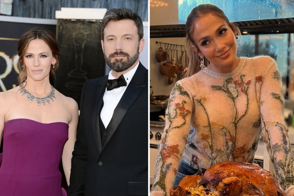 Ben Affleck reunited with ex Jennifer Garner (l.) on his first Thanksgiving since splitting with wife Jennifer Lopez (r.).