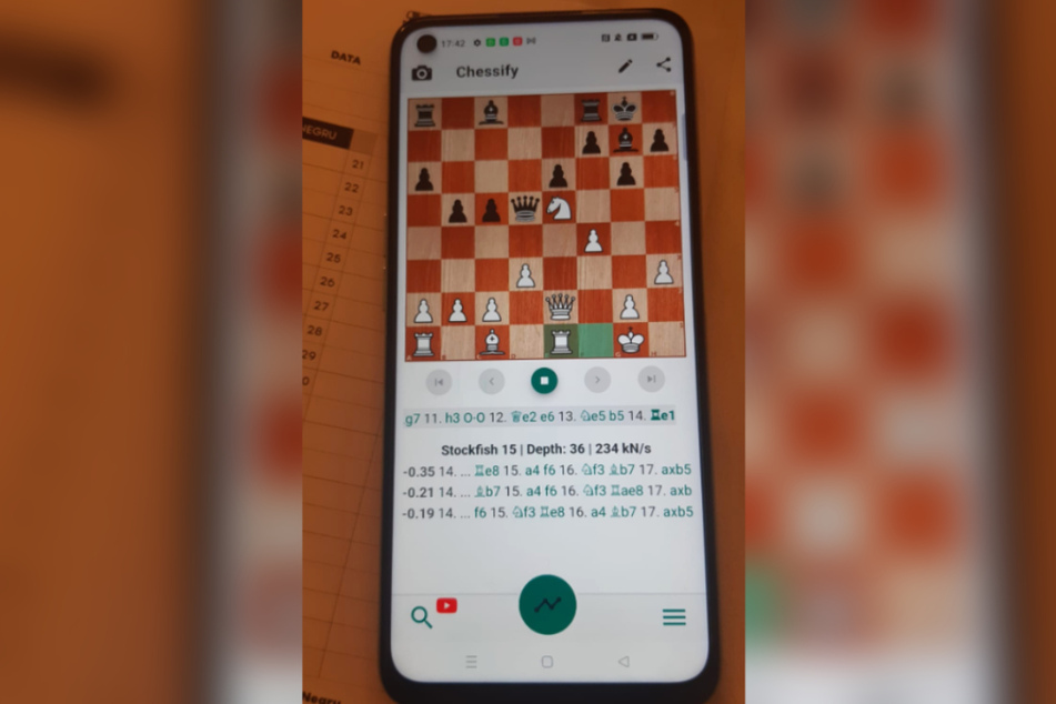 Das Handy mit einer App, die eine Partiestellung enthielt, wurde auf dem Klo gefunden. Die Schach-Engine Stockfish 15 offerierte Paul-Stelian Mihalache die in der Stellung besten Züge.