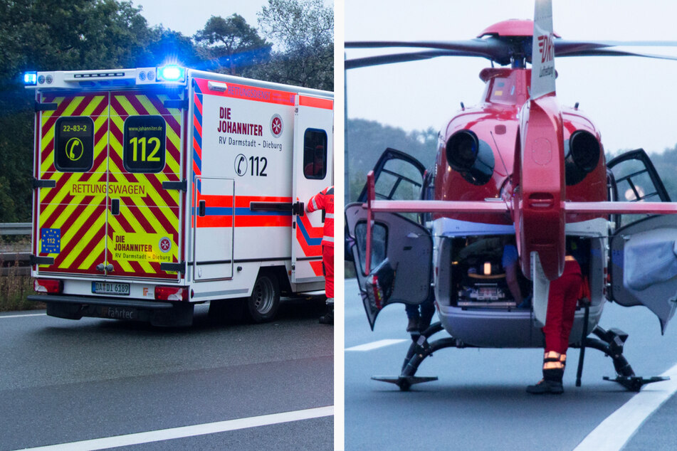 Unfall A5: Kleinkind (3) bei Unfall auf der A5 bei Darmstadt schwer verletzt: Rettungshubschrauber im Einsatz