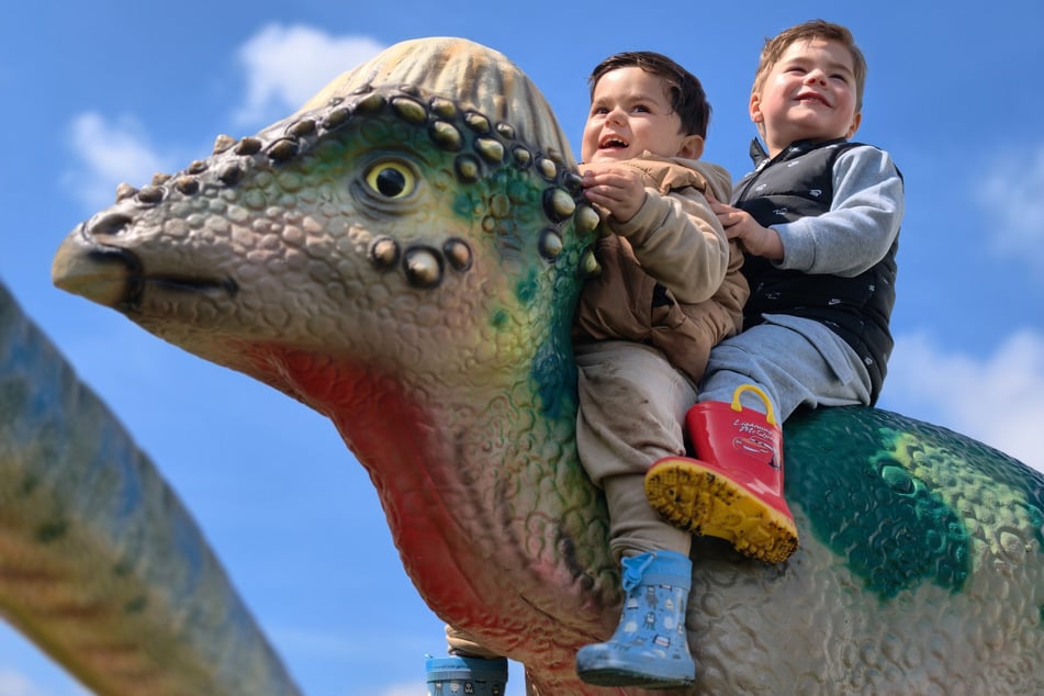 Kinder können bei "Jurassic Freizeitpark XXL" auch auf Dinos reiten – wie hier Dejan (2) und Dean (3).