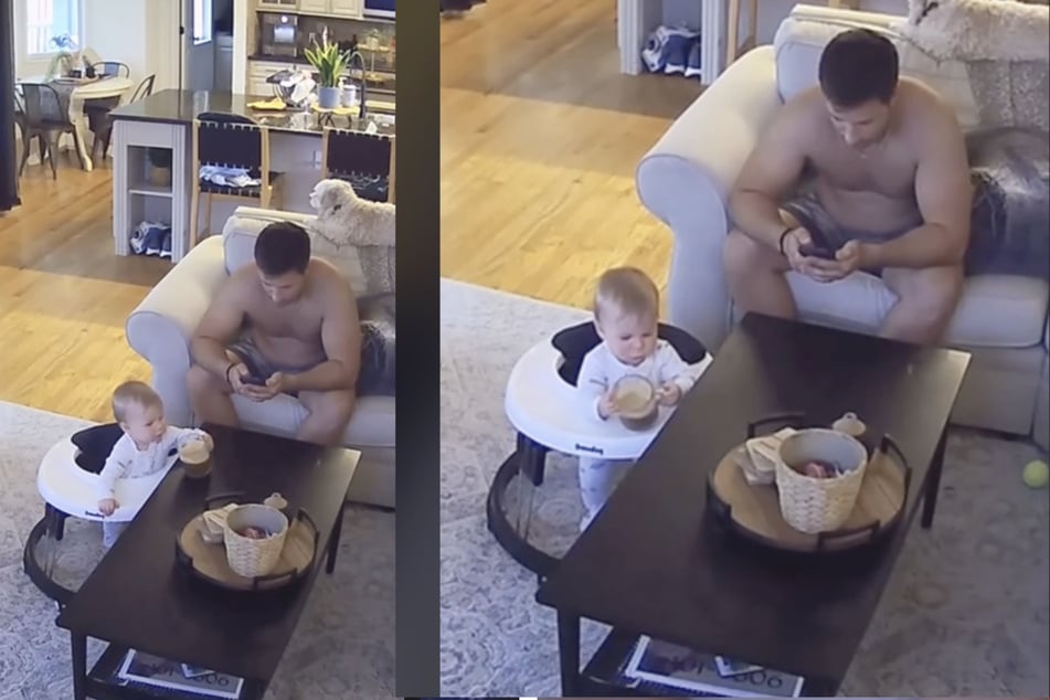 Während der Papa in sein Smartphone vertieft ist, klaut Baby Harlow ihm den Kaffee.