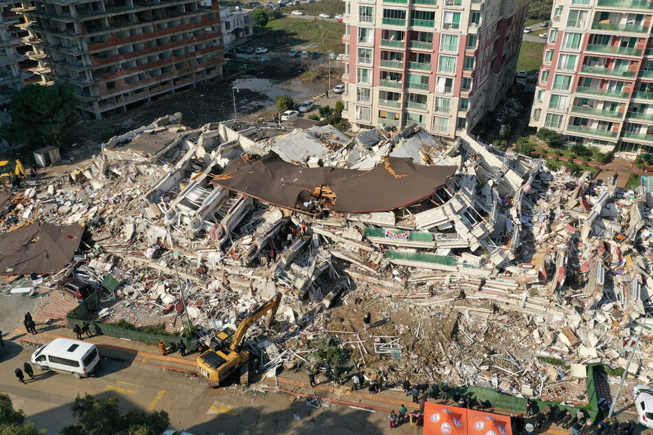 An aerial view shows collapsed and damaged buildings after an earthquake in Hatay, Turkey