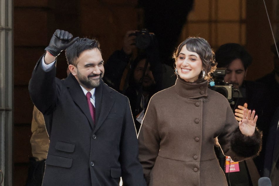 New York City Mayor Zohran Mamdani (l.) and his wife Rama Duwaji appear onstage during his inauguration ceremony on January 1, 2026.