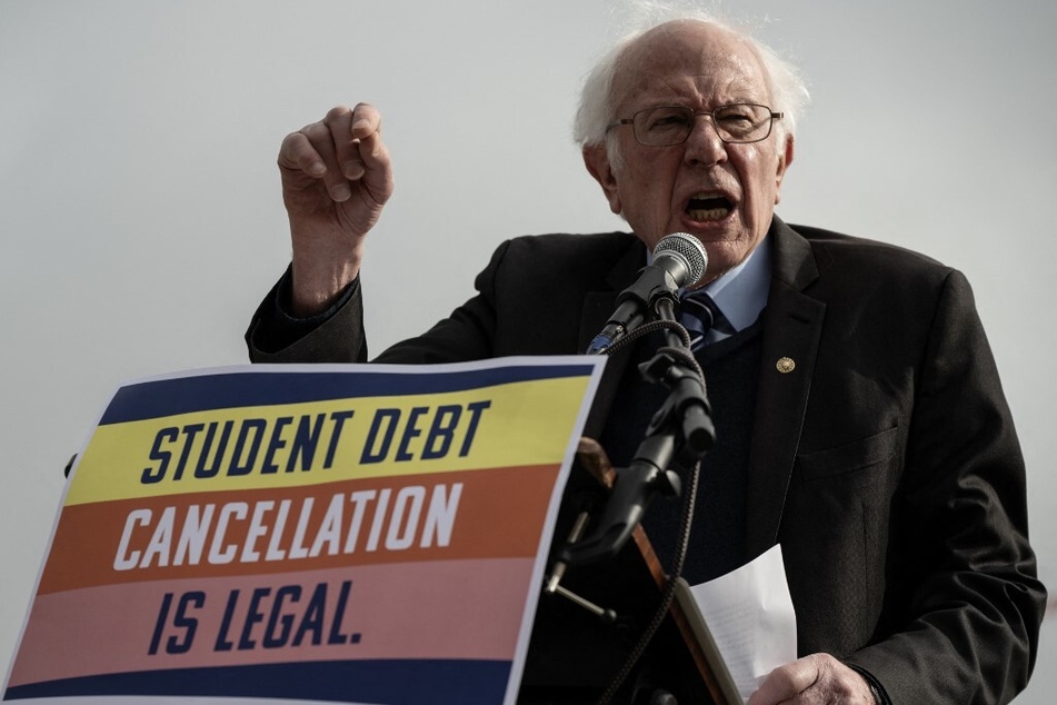 Senator Bernie Sanders speaks at a rally in support of student debt cancellation in front of the US Supreme Court in Washington DC.