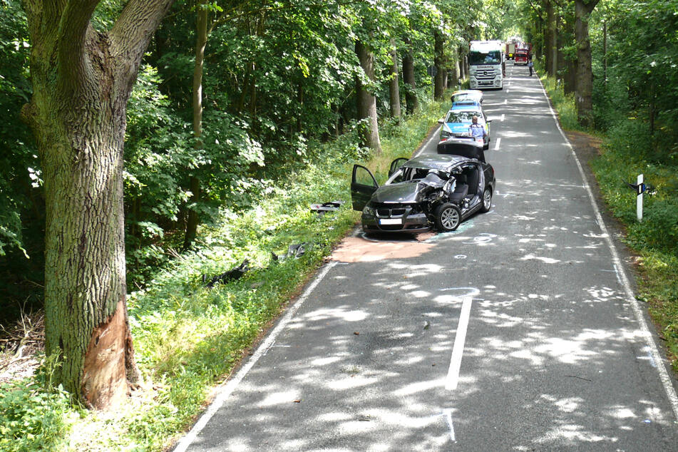 Der BMW-Fahrer (77) war am Montagnachmittag bei Havelberg von der Straße abgekommen und gegen diesen Baum gekracht. Er wurde schwer verletzt.