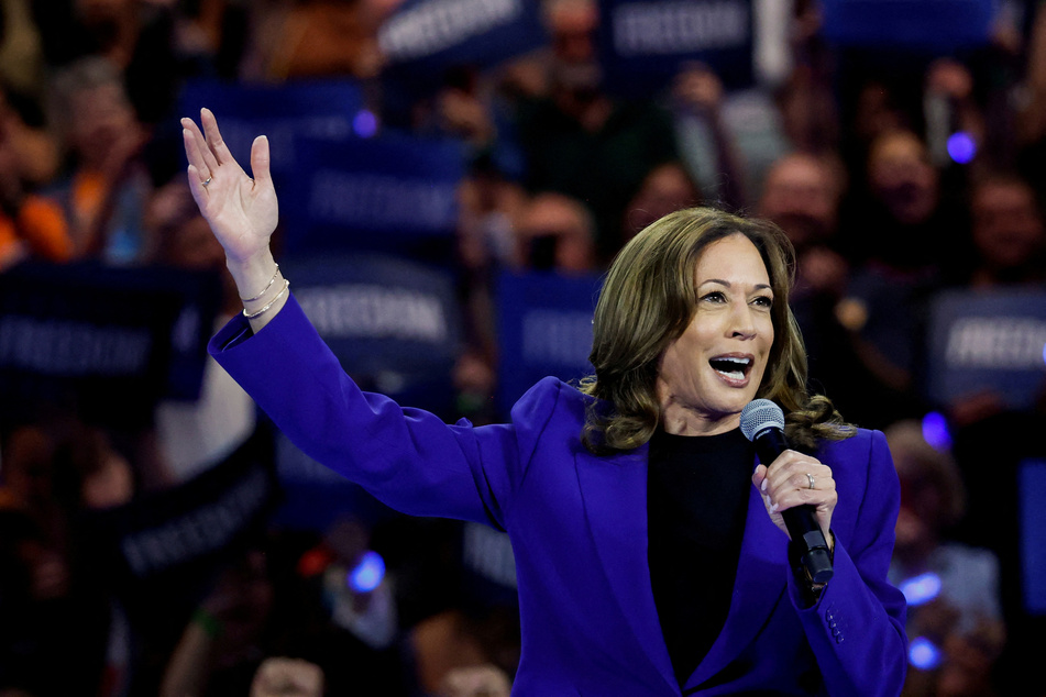 Democratic presidential nominee Kamala Harris speaks during her rally in Milwaukee, Wisconsin, as she is filmed for a live broadcast into Chicago's Democratic National Convention.