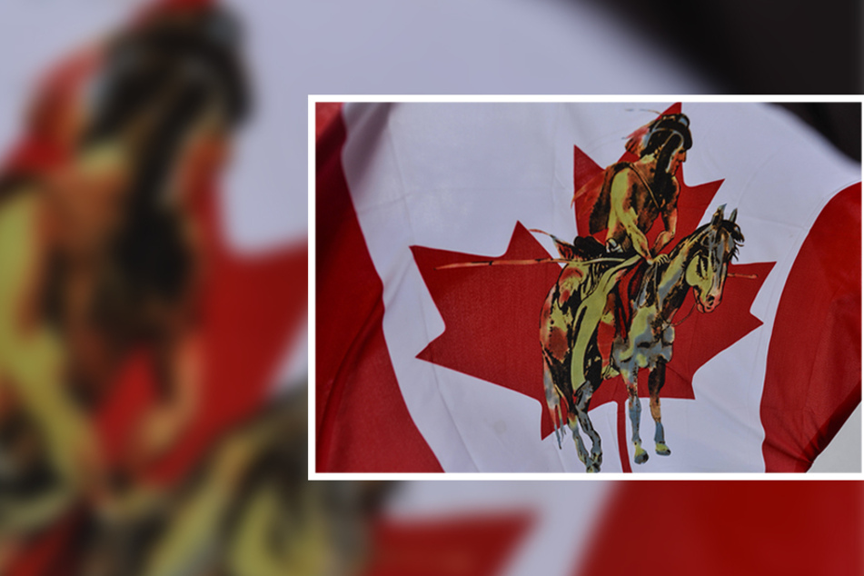 A modified Canadian flag features an image of a First Nations member in the center.