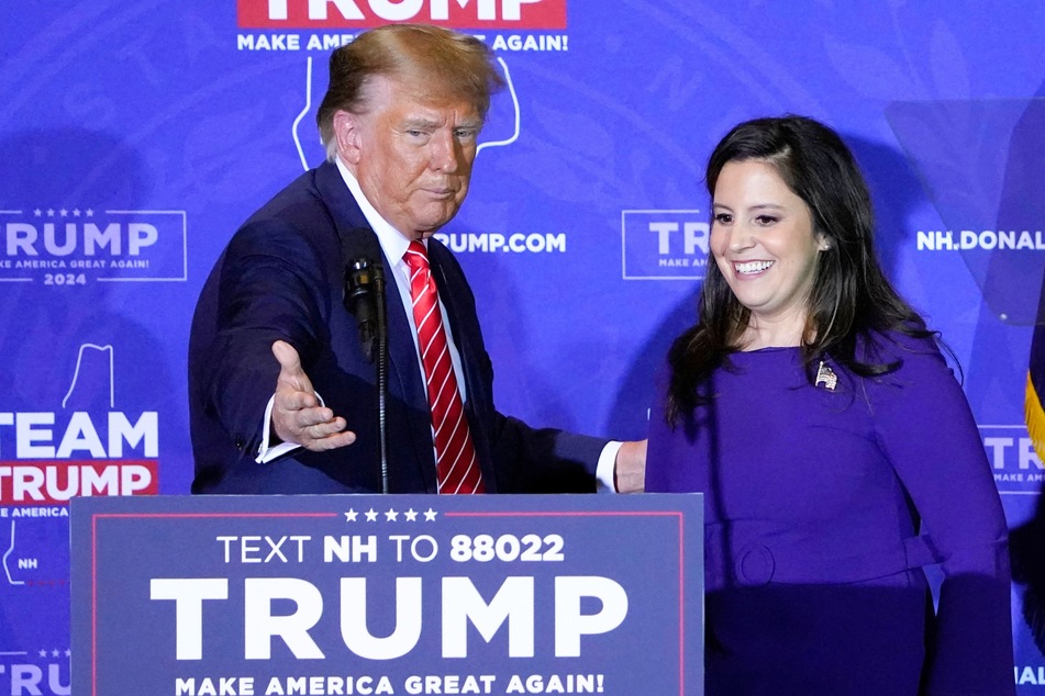Donald Trump greeting Representative Elise Stefanik during a campaign event in Concord, New Hampshire, on January 19, 2024.