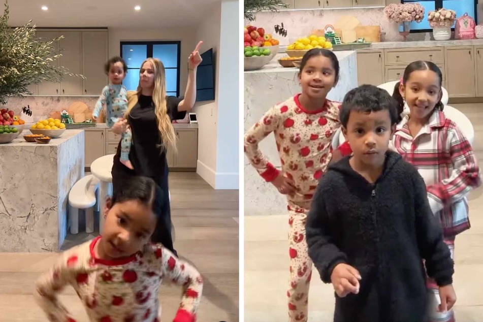 Psalm West (4) can be seen dancing along with his older sister Chicago (6) as well as his cousins True (5) and Tatum (1), and aunt Khloé Kardashian – all rocking their pajamas!