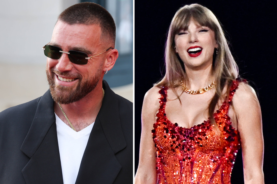 Travis Kelce (l.) raved over Taylor Swift's The Eras Tour during his latest podcast episode.