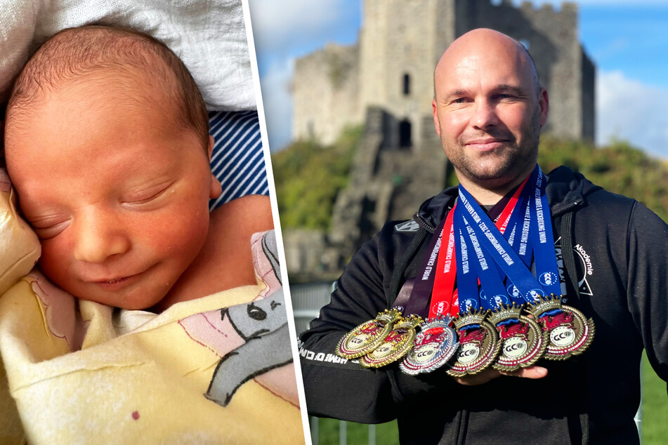 Der kleine Ray (l.) ist der ganze Stolz von Papa Ronny Schönig (45, r.). Der präsentiert stolz die Medaillen-Ausbeute seiner Schützlinge bei der Kickbox-WM in Wales 2022.