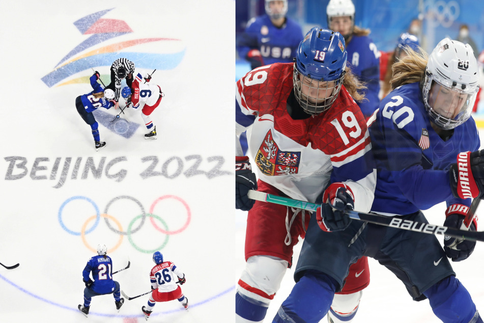 Natalie Mlynkova of the Czech Republic and Hannah Brandt of the United States (r.) fight for the puck during the women's Olympic ice hockey quarterfinals on Friday at the Wukesong Sports Center.