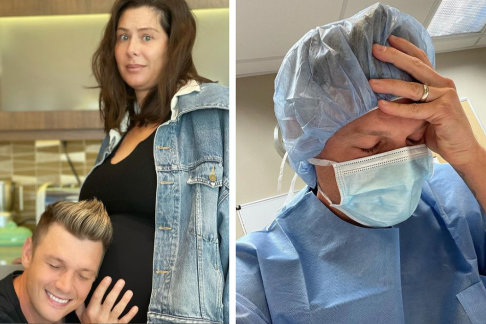 Nick posted his latest photo with his wife, who is nine months pregnant, on Monday (l.). On Wednesday, he posted a photo of himself in a hospital gown (r.).