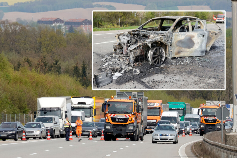 Unfall A4: Mercedes auf A4 bei Chemnitz komplett abgefackelt: Autobahn dicht!
