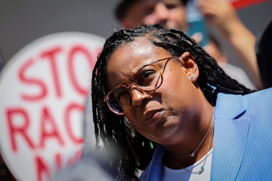 Representative LaMonica McIver speaks outside United States Court, after pleading not guilty on three counts of "forcibly impeding and interfering" with federal law enforcement on June 25, 2025.