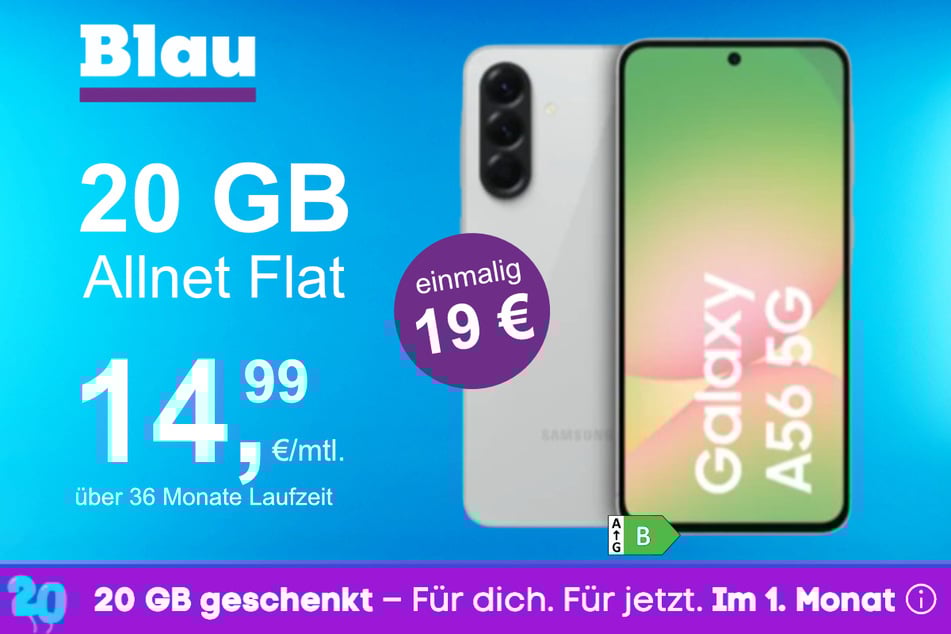 Das Samsung Galaxy A56 5G im Blau Allnet M für einmalig 19 Euro.