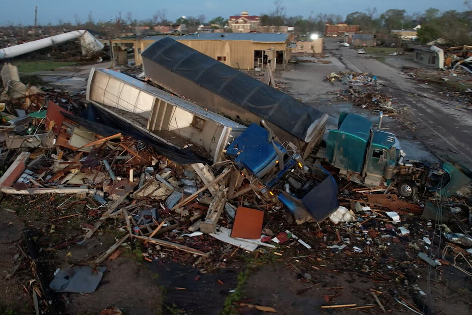 An aerial view of the aftermath of a tornado, in Rolling Fork, Mississippi.