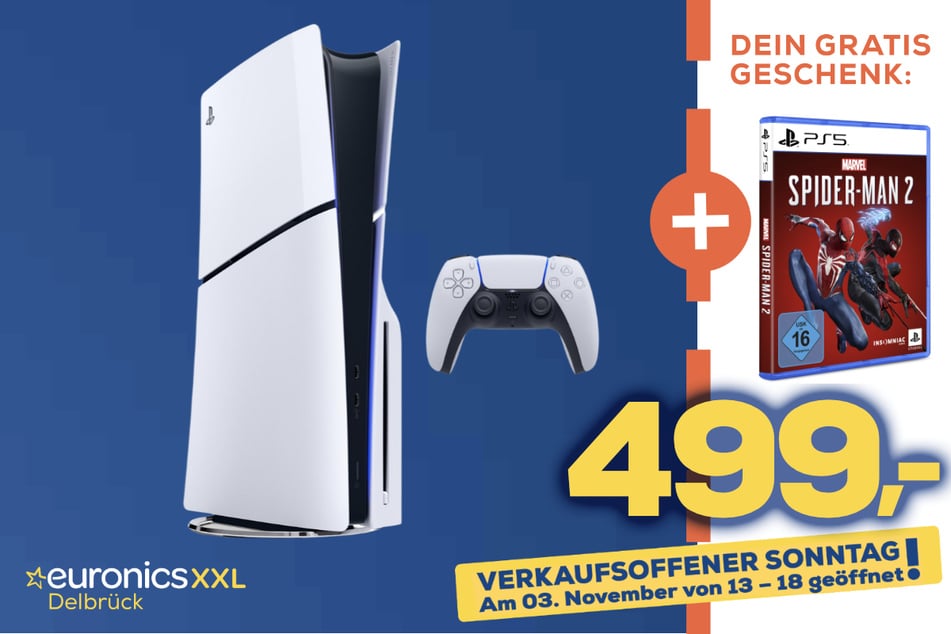 Sony PlayStation 5 Slim für 499 Euro + Marvel's Spider-Man 2 geschenkt.