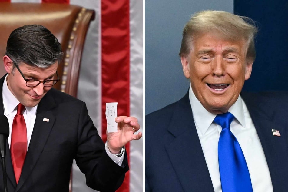 US House Speaker Mike Johnson (l.) shows the final tally of the vote on US President Donald Trump's (r.) tax bill on the floor of the House of Representatives at the US Capitol in Washington, DC, on Thursday.