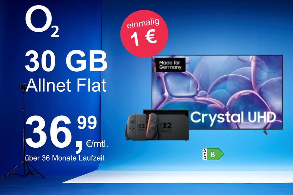 Der 50-Zoll Samsung TV (GU50U7079FUXZG) + Nintendo Switch 2 im o2 Mobile M für einmalig nur 1 Euro.