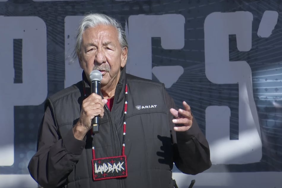 Leonard Peltier speaks during an Indigenous Peoples' Day rally and march in Rapid City, South Dakota.