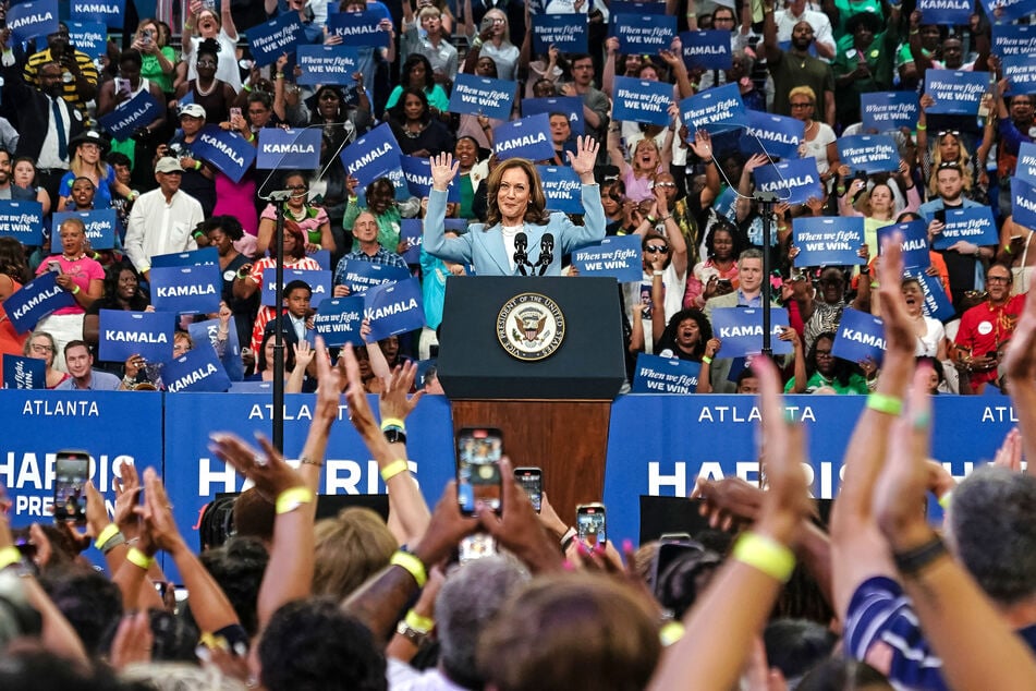 Democratic presidential nominee Kamala Harris speaking at a campaign event in Atlanta, Georgia, on July 30, 2024.