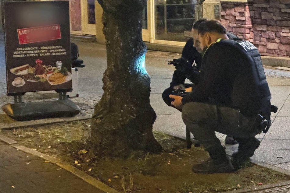 Einsatzkräfte untersuchen an einem Baum die Spur, die eine der Kugeln hinterlassen hat.