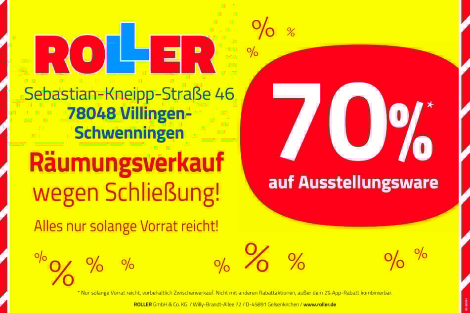 Beim Räumungsverkauf bei ROLLER in Villingen-Schwenningen gibt's beim Möbelkauf 70 Prozent Nachlass.¹