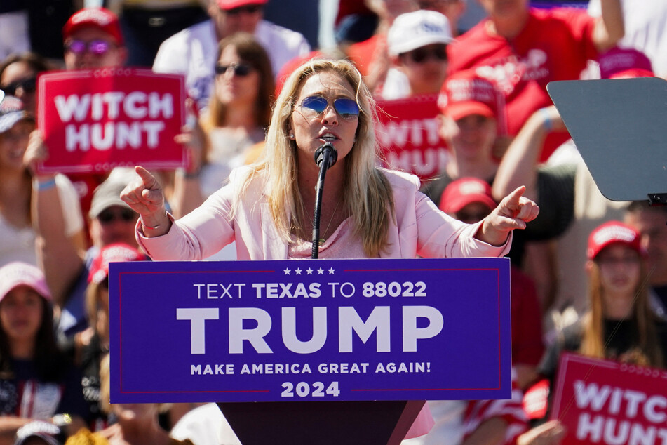Marjorie Taylor Greene speaks during an event held for former President Donald Trump to speak to his supporters during his first campaign rally after announcing his candidacy for president in the 2024 election at an event in Waco, Texas.