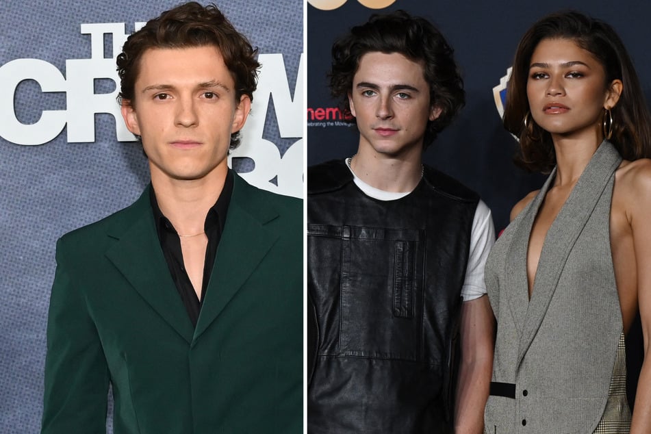 Timothée Chalamet (c.) praised Tom Holland and Zendaya as he discussed his attempts to maintain a private personal life despite his fame.