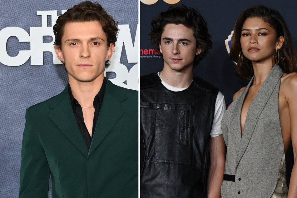 Timothée Chalamet (c.) praised Tom Holland and Zendaya as he discussed his attempts to maintain a private personal life despite his fame.