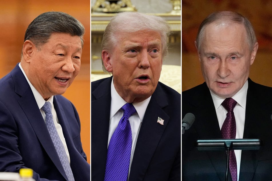 Donald Trump (c.) argued that China's Xi Jinping (l.) could have a "big influence" on Russia's Vladimir Putin regarding efforts to end the invasion of Ukraine.