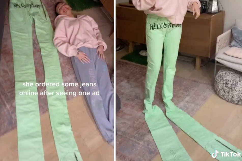 The odd-looking pants are almost twice as long as her!