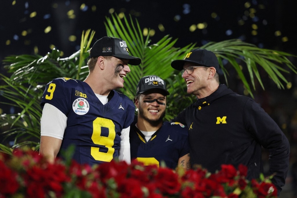 Michigan head coach Jim Harbaugh (r.) and quarterback JJ McCarthy (l.) spoke out about the team's alleged cheating ahead of the National Championship game.