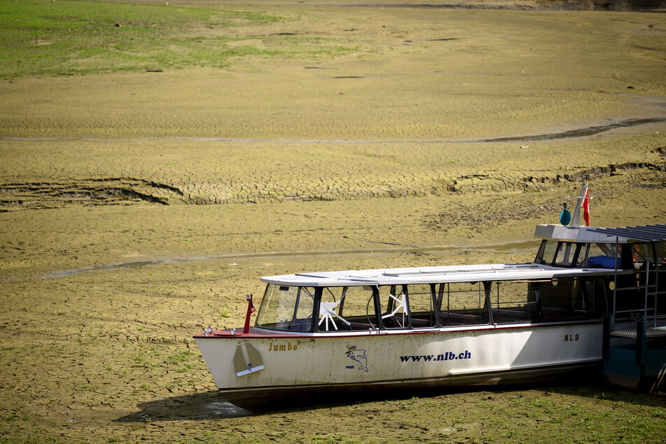 Im Lac de Brenets steckte Mitte August ein Boot im grün bewachsenen Schlamm fest.