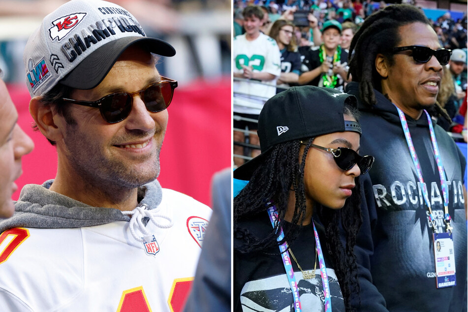 Paul Rudd (l) and Jay-Z (r) both brought their kids to the 2023 Super Bowl.