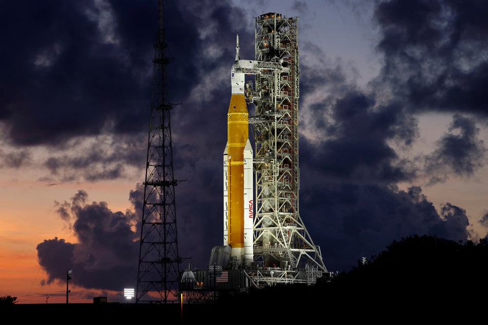 NASA’s next-generation moon rocket, the Space Launch System Artemis 1, sits on the launch pad at the Kennedy Space Center in Cape Canaveral, Florida.