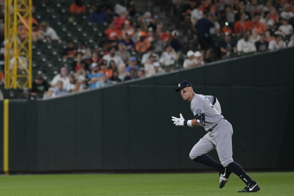 Aaron Judge warms up before the game against the Baltimore Orioles at Oriole Park at Camden Yards.