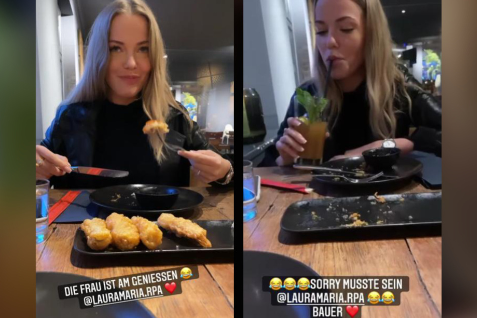 Pietro Lombardis (28) Freundin Laura Maria Rypa (24) ließ es sich beim letzten Dinner der beiden ordentlich schmecken - und alberte herum.