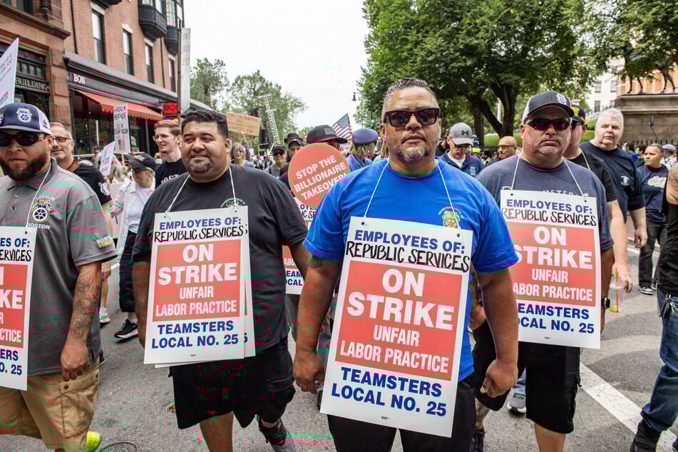 Teamsters on strike march during a Labor Day "Workers Over Billionaires" rally in Boston, Massachusetts, on September 1, 2025.